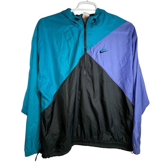 VTG 80s 90s Nike Windbreaker Jacket Colorblock Pullover‎ 1/4 Zip Hood Nylon XL